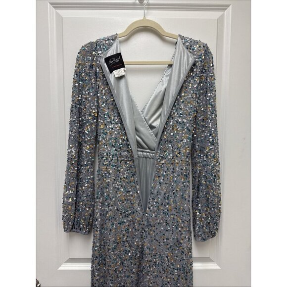 Mac Duggal Size 2 Silver 5213 SEQUIN LONG SLEEVE Wrap Formal GOWN Dress $498 - Picture 8 of 11